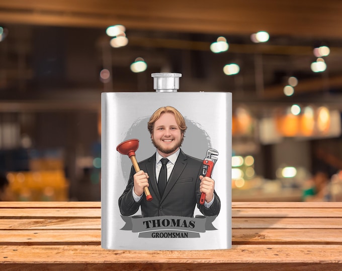 Personalized Caricature Groomsmen Hip Flask:  Wedding Party Gift