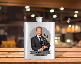 Personalized Caricature Groomsmen Hip Flask:  Wedding Party Gift