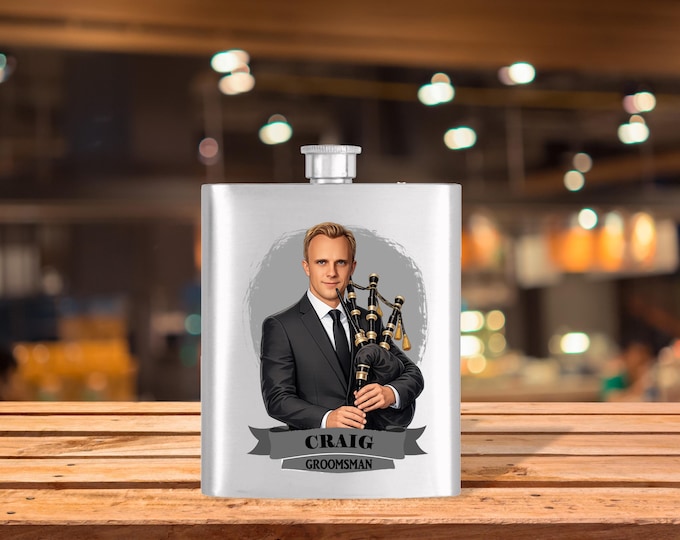 Personalized Caricature Groomsmen Hip Flask:  Wedding Party Gift
