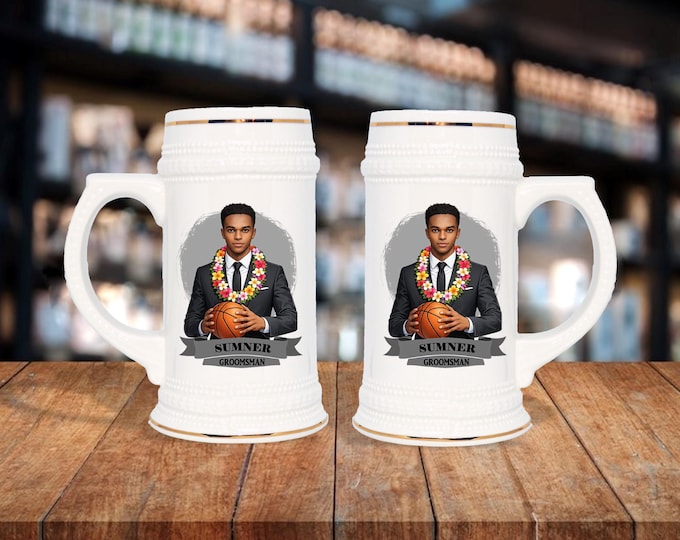 Personalized Caricature Groomsmen Beer Stein:  Wedding Party Gift