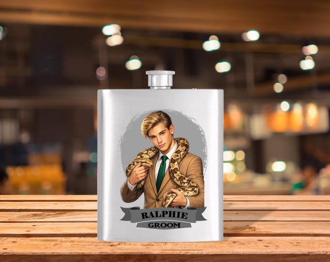 Personalized Caricature Groomsmen Hip Flask:  Wedding Party Gift