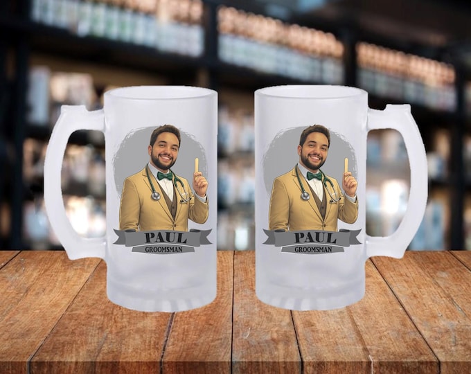 Personalized Caricature Groomsmen Frosted Beer Mug:  Wedding Party Gift