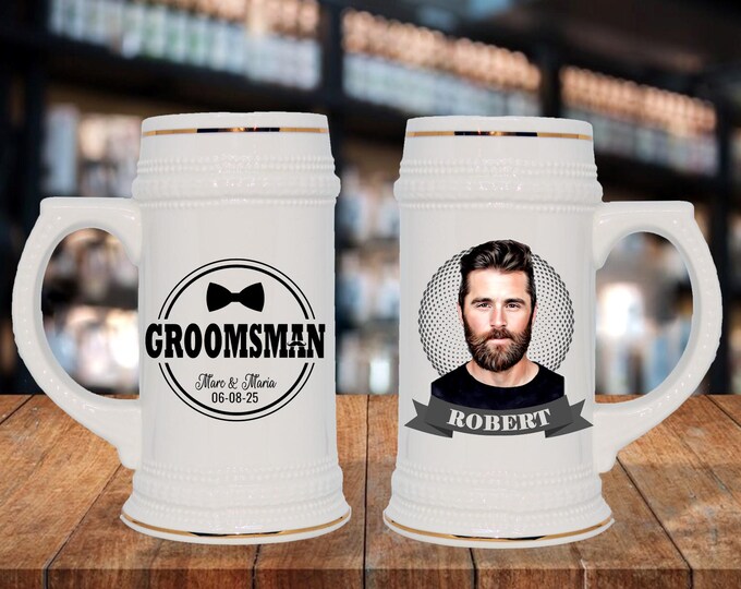 Groomsmen Gift Idea - QR Code Video Slide Show Created, German Style Stein Mug, Guy Gift Idea, Wedding Party Gifts, Portrait Gift Idea