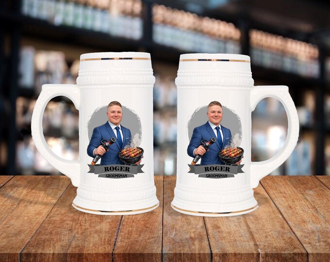 Personalized Caricature Groomsmen Stein Mug:  Wedding Party Gift