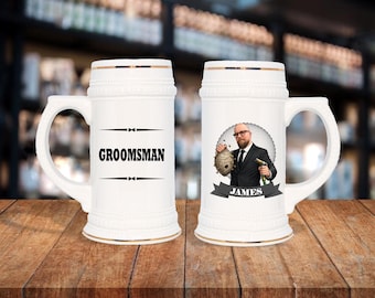 Personalized Caricature Groomsmen Stein Mug:  Wedding Party Gift