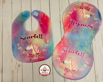 Unicorn Watercolor Burp Cloth | Baby Bib Set