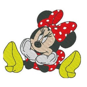 May include: A cartoon illustration of Minnie Mouse with a red and white polka dot bow, red dress, and yellow shoes. She is sitting with her arms crossed and a serious expression on her face.
