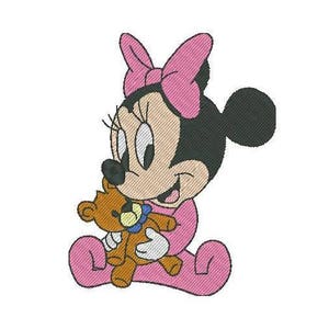 May include: A pink and brown cartoon baby Minnie Mouse holding a brown teddy bear. She is wearing a pink dress and a pink bow.