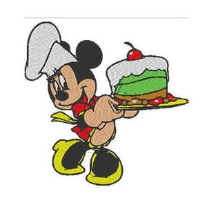 May include: A cartoon illustration of a chef Mickey Mouse character wearing a white chef's hat and red and yellow clothing, holding a plate with a green and white layered cake with red cherries on top.