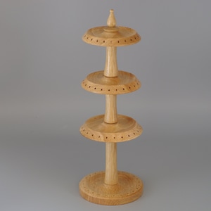 Hand turned Oak three tier ear ring stand / holder