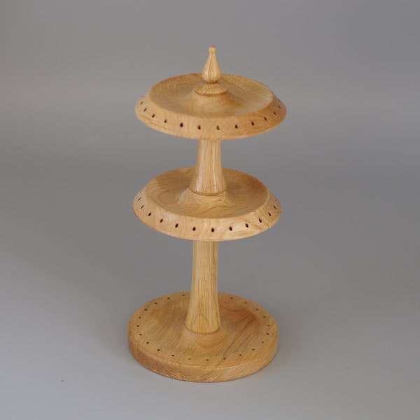 Hand turned Oak two tier earring stand / holder