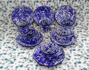 Set of Six (6) Vintage Graniteware/Enameled Blue and White Small Cups and Saucers