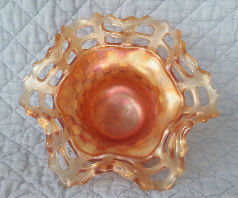 Vintage Fenton Basket Weave Marigold Carnival Glass Bowl Lace Etsy