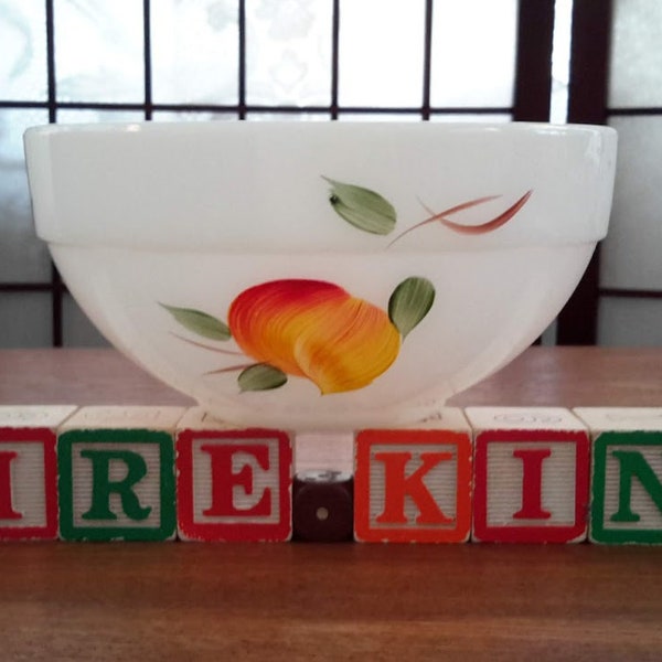 Vintage ‘’Fire-King/Gay Fad’’ 6 Inches White Glass Nesting Mixing Bowl with Hand-Painted Fruit