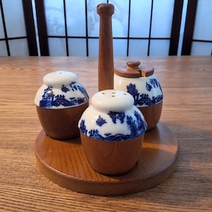 Vintage Japan Blue Willow Ceramic and Wood Condiment Set with Round Wood Tray