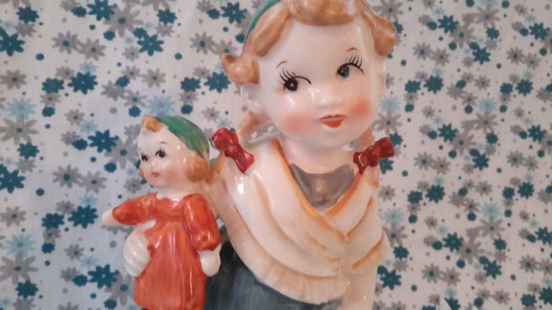 Vintage Ceramic Figurine Girl With Doll Hummel Style Japan Etsy