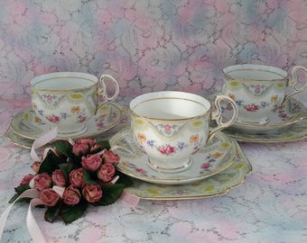 Melba Brocade, Lot of Three (3) Trios, Teacup, Saucer and Cake Plate, Made in England