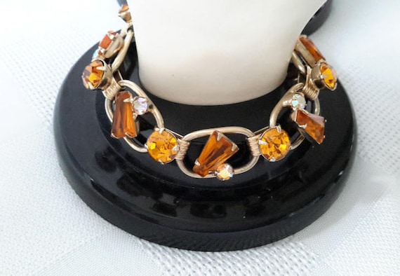 Five Link Bracelet, Amber Color Glass Keyhole Sto… - image 1