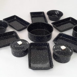 Vintage Set of Fourteen (14) Toy Miniature Graniteware Cookware Pots and Pans