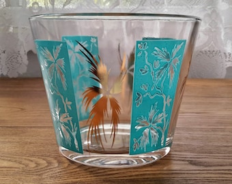 Mid-Century Clear Glass Turquoise and Gold Floral Designs Ice Bucket