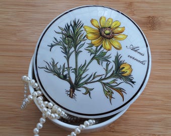 May include: A white porcelain trinket box with a floral design. The lid features a yellow flower with green leaves and the text "Adonis vernalis". The box is open and a string of white pearls is inside.