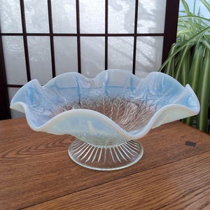 Peut inclure: Un bol en verre transparent avec un bord festonné et un piédestal. Le bol est en verre opalescent et présente un délicat motif floral.