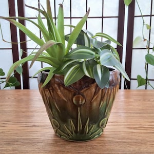 Vintage RRP (Robinson Ransbottom Pottery) Roseville U.S.A. ''Sun and Moon'' Design Brown and Green Glazes Flowerpot