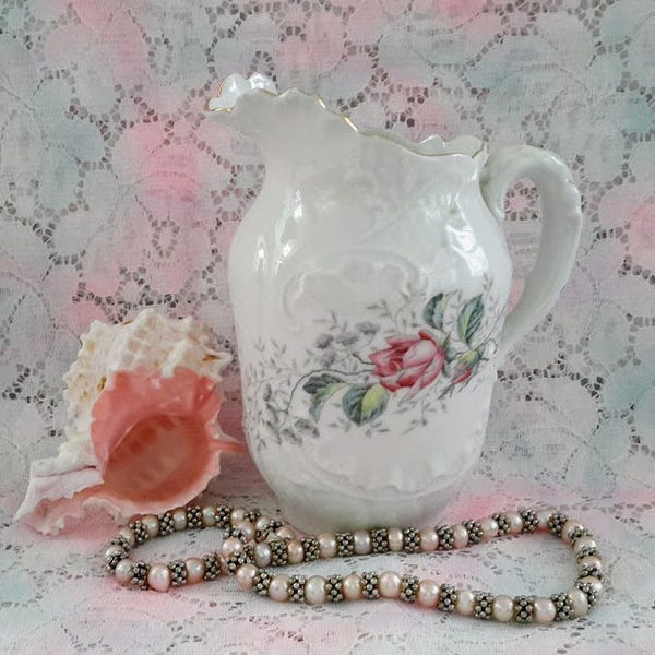 Vintage Older German Molded Porcelain Milk Jug,With Pink Roses