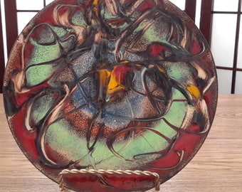 Vintage Artist Signed Decorative Enamel on Copper Abstract Design Plate