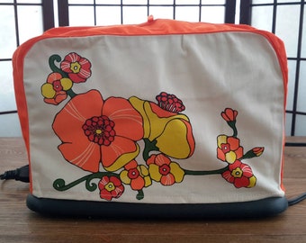 Vintage Japan White Cotton ''Flower Power'' Orange, Yellow, Red Printed Flowers Toaster Cover