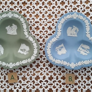 Vintage Wedgwood England Catch-All Clover Shaped Trinket Dishes, One Sage Green and One Jasper Blue (Sold Separately)