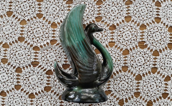 Vintage Red Clay Blue Mountain Pottery Canada Green and Black Glaze Swan Flower Vase/Planter