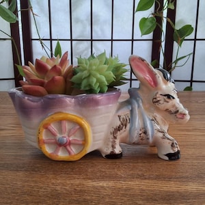Peut inclure: Un pot de fleurs en céramique en forme d'âne avec une charrette, contenant des plantes succulentes. Le pot est de couleur crème avec un bord lavande et une roue jaune avec des accents roses. L'âne a des marques noires et marron et des oreilles roses.