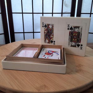Vintage Two Decks of Playing Cards in White Plastic Tiles and Wood Rectangular Box