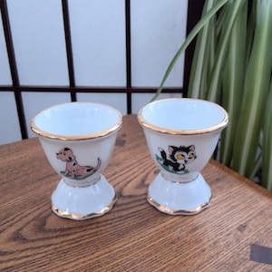 Vintage Limoges France Porcelain Child Egg Cup With Anthropomorphic Cat, Dog and Hedgehog Designs
