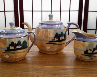 Vintage Made in Japan ‘’Swan on Lake’’ Lusterware Ceramic Tea Set – Teapot with Lid, Sugar with Lid, Creamer