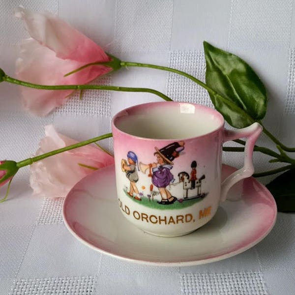 Vintage PK Unity Child Pink Luster Ceramic Souvenir Cup and Saucer, Made in Germany