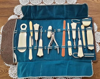 Antique Manicure and Grooming Tooled Leather Case with Ivory Celluloid and Metal Instruments Travel Set
