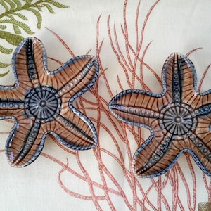 Peut inclure: Deux plats en céramique en forme d'étoile de mer. Les plats sont bruns avec des accents bleus et blancs, et sont posés sur un fond à motifs avec des motifs d'algues et de coraux. Ces plats décoratifs sont parfaits pour servir des collations ou comme décoration côtière.