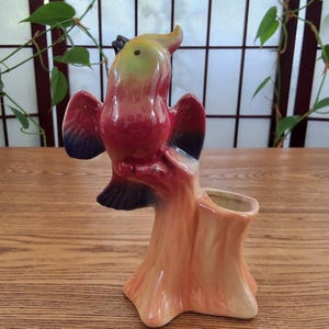 May include: A ceramic bird planter in shades of red, yellow, and orange. The bird is perched on a tree stump with a small opening for plants. The planter has a glossy finish and is set on a wooden surface.