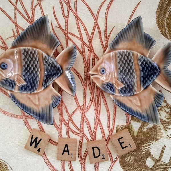 Vintage Pair/Set of Two (2) Pottery Tropical Angelfish Trinket Dishes by Wade Ireland