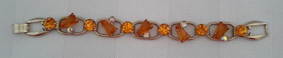 Five Link Bracelet, Amber Color Glass Keyhole Sto… - image 3