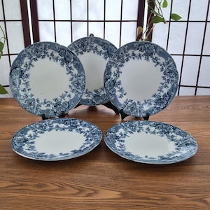 May include: A set of five white and blue floral patterned plates. The plates have a white centre with a blue floral border. The plates are arranged on a wooden surface.