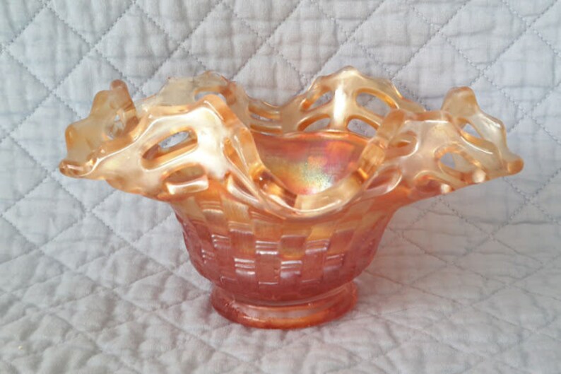 Vintage Fenton Basket Weave Marigold Carnival Glass Bowl Lace Etsy