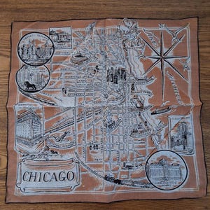 Vintage ‘’City of Chicago'' 1950s Souvenir Square Cotton Handkerchief Hanky with City Map and Landmarks
