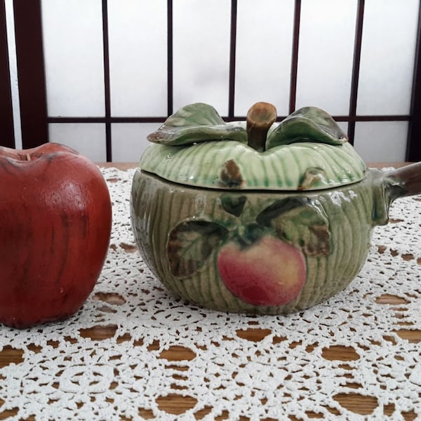 Vintage Majolica Style Made in Japan Red Apple Green Ceramic Soup Bowl with Cover