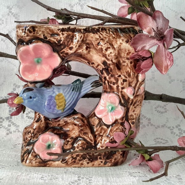 Vintage Made in Japan Blue Bird in Brown Tree with Pink Flowers Ceramic Planter/Bud Vase