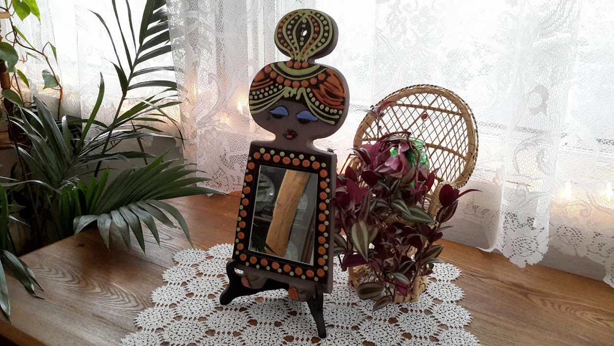 Vintage Hand-crafted in Sweden Red Clay Lady Hall Mirror Two Hooks