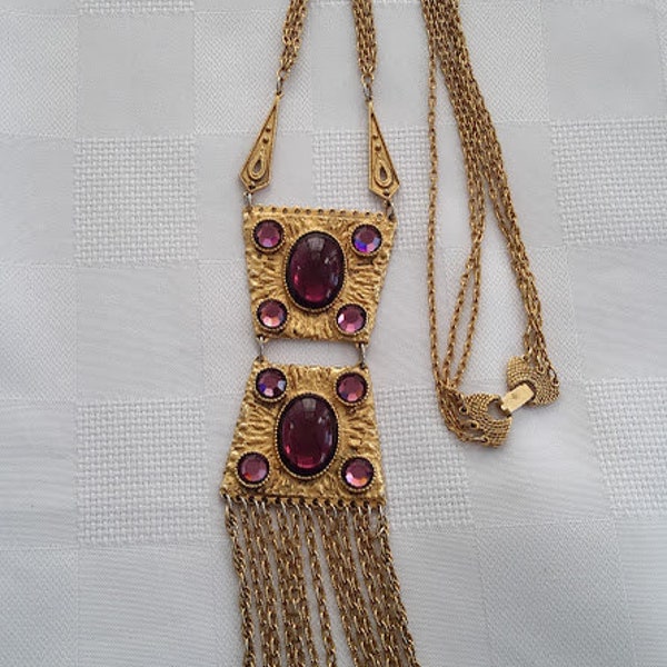 Vintage Egyptian Revival Unsigned Gold Tone Multi Strands Amethyst Glass Stones Necklace