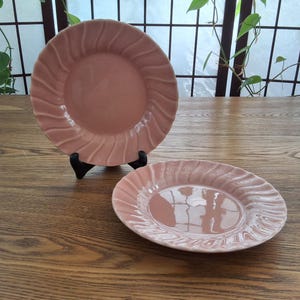 Peut inclure: Deux assiettes en céramique rose avec un motif de bordure tourbillonnée. Une assiette est présentée sur un support noir, tandis que l'autre repose sur une surface en bois. Les assiettes ont une finition lisse et brillante.